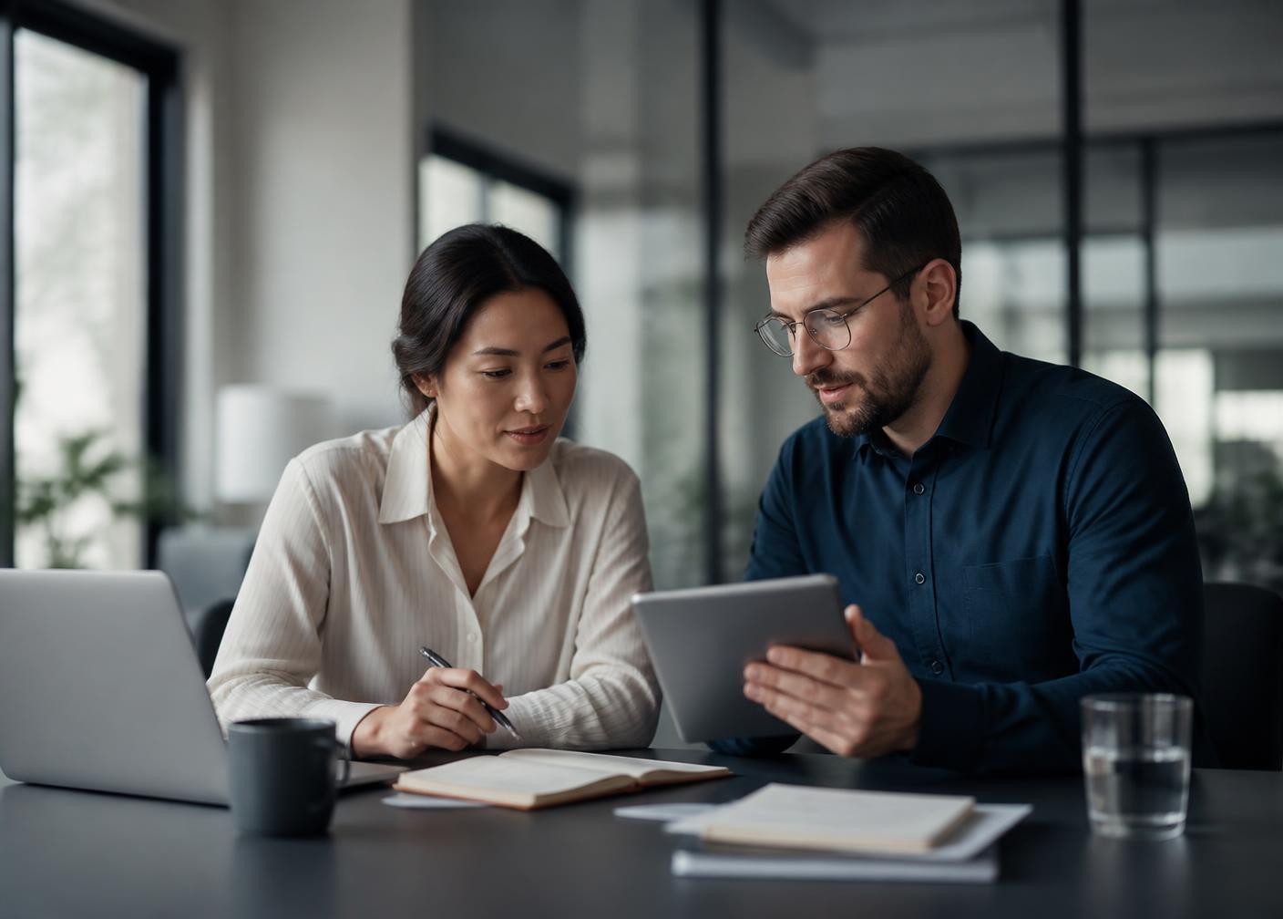 Two colleagues reviewing an operational workflow together in a modern office